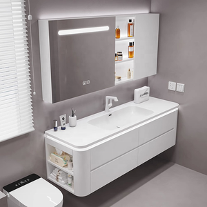 Moderno bagno <span class=keywords><strong>in</strong></span> <span class=keywords><strong>legno</strong></span> vanità doppio lavabo impermeabile bagno bancone lavabo lato armadietto bagno - Product Image 4