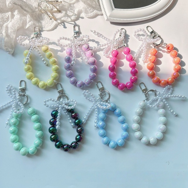Fashion girls string beads bowknot pearl Phone Charms keychain decorate phone chain hanging wrist strap bracelet