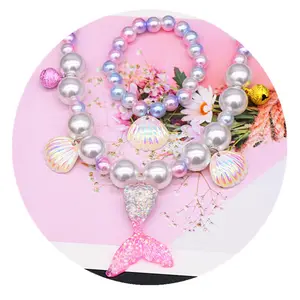 Kalung Manik-manik Chunky untuk Anak Perempuan, Set Perhiasan Gelang Kalung Gelembung Mutiara Warna-warni Putri Duyung untuk Hadiah Anak-anak
