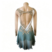 Robe de patinage artistique à dégradé blanc-vert avec strass, manches longues en maille et dos ajouré pour enfants et adultes, idéale pour les spectacles de patinage sur glace