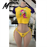 Eigen Merk Op Maat Gemaakte Bikini Badmode Strandkleding Hoge Kwaliteit Dubbellaags Zwemkleding Dames String Bikini Pak Tshirt 3 Delige Set