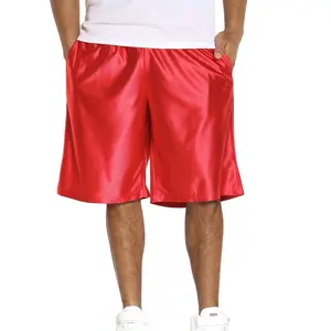 Custom logo polyester metallic summer casual streetwear outdoor black red satin shiny silky silkie basketball men silk shorts