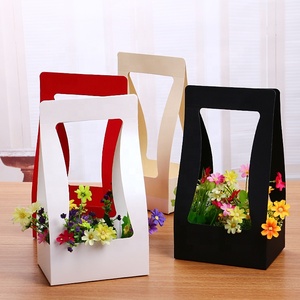 Panier décoré gaiement le plus populaire Bouquet de <span class=keywords><strong>fleuriste</strong></span> Base plate pli évider poignée emballage boîte à fleurs personnalisée - Product Image 2