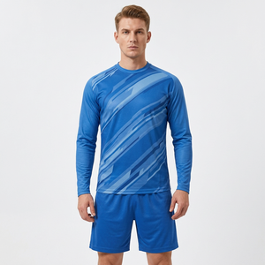 Conjunto Deportivo para Hombre, Camiseta de Fútbol Azul de Manga Larga con Estampado Geométrico, Cuello Redondo, Absorbe la Humedad, Ajuste Atlético, Pantalones Cortos de Poliéster - Product Image 1