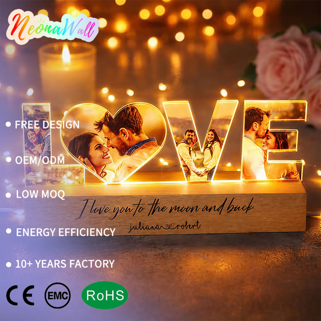 Custom LOVE Photo LED Night Light Personalized Wooden Base USB Powered for Couples Valentine's Day Anniversary Wedding Gift