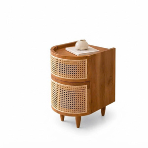 Mesa de Noche de Teca y Ratán con Dos Cajones, Diseño de Mediados de Siglo, Mueble de Dormitorio, Gabinete de Almacenamiento, Color Natural - Product Image 1