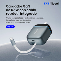 Chargeur GaN 67W Miccell, Prises US/UK/EU, Câble rétractable 1m, Charge rapide pour tous les smartphones.