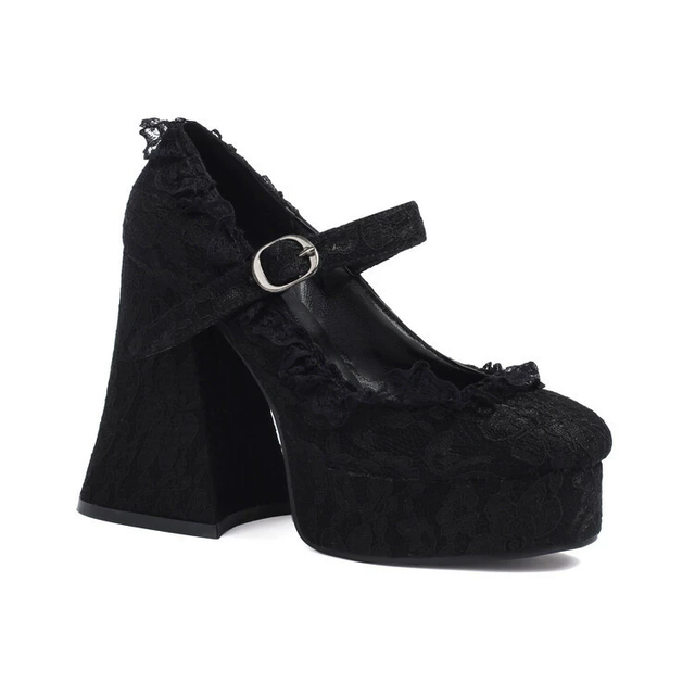 Women Lace Platform Pumps High Heels Mary Jane Shoes with Buckle Strap Square Toe Dress Shoes Winter Anti-Slippery Lace Pumps
