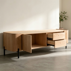 Mueble de <span class=keywords><strong>TV</strong></span> Moderno para Sala de Estar u Hotel, con Acabado en Chapa de Madera y Melamina, Diseño Multifuncional y Práctico, Mueble Ecológico - Product Image 1