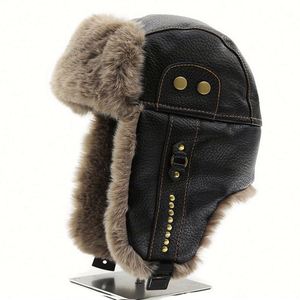 Men's Winter Thickened Plush <b>Ear</b> <b>Protectors</b> Trapper Hats Studded Outdoor Cycling PU Trapper Hat - Product Image 1