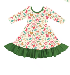 Ensemble de robes de Noël à manches longues pour filles, motif pin et nœud crème, vêtements de Noël pour sœurs et frères - Product Image 4