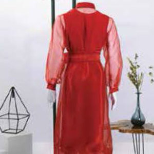 Robe de soirée longue et ample en polyester pour femme, avec ceinture, manches longues bouffantes, couleur unie personnalisable, style caftan - Product Image 4