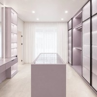 Lemari Pakaian Mewah Custom, Kabinet Ruang Ganti Kayu dengan Pintu Geser Kaca Ganda, Lemari Pakaian Lavender Inspo
