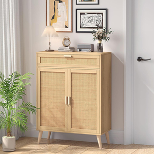 Buffet autoportant en bois et rotin avec 2 portes et grand tiroir organisateur d'armoire de rangement au sol pour la salle de bain - Product Image 3