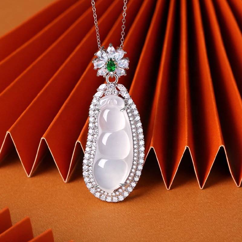 HMOIS Peas Design Custom Jade Stone Price White Natural Jade Chalcedony Pendants for Girls
