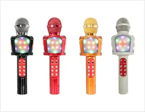 Microfone de karaokê portátil com luz led de discoteca, para cantar e gravar música, sem fio, alto-falante