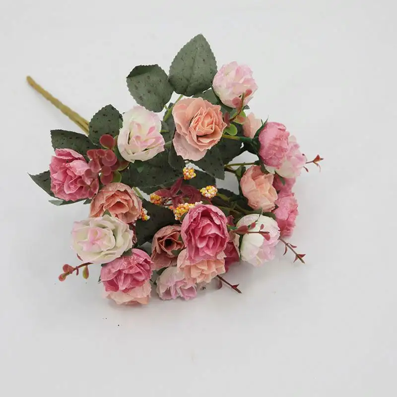 Высокое качество, низкая цена, 20 маленьких цветов, искусственный букет роз, Шелковый Свадебный декор, центральный цветок