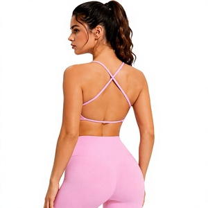 Premium High Quality Ladies Pink 7-Piece Yoga Outfit Cross Back Sports Bra Mid Waist Biker Shorts V-<b>neck</b> Breathable - Product Image 4