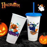 Nueva Llegada, Oferta de Halloween, Regalo para Fiestas, Vasos de Plástico de 24 oz, Vasos Reutilizables que Cambian de Color, con Tapas y Pajitas