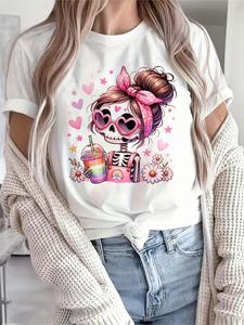 T-shirt da donna Rakutenche con stampa teschio e fiocco rosa, a maniche corte, girocollo, casual, traspirante, per tutte le stagioni, ideale per San Valentino - Product Image 3