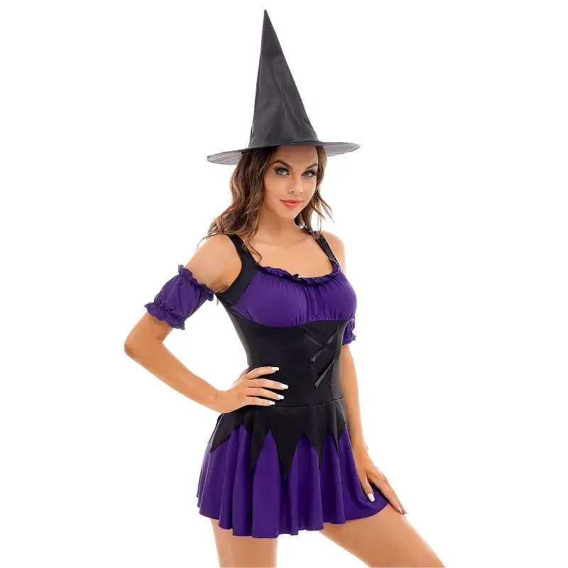 Trang Phục Nhập Vai Halloween Thời Trang Cho Nữ Váy Xếp Nếp Chắp Vá Trang Phục Phù Thủy Có Mũ Tay Áo Có Thể Tháo Rời