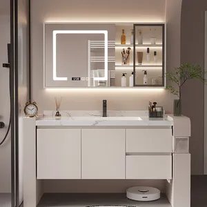 세라믹 싱크와 34 인치 라이트 그린 회색 현대 오크 단단한 나무 욕실 화장대 캐비닛