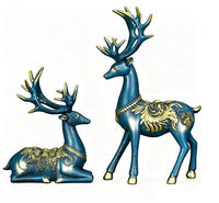 Estatua de Pareja de Ciervos de FRP con Acabado Azul Dorado, Escultura de Alce de Resina, Decoración para Hogar, Villa o Jardín, Adorno Animal