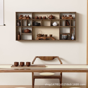 Wall Mounted Solid Wood Display <b>Shelf</b> 102x56cm Large Capacity Tea Storage <b>Rack</b> For Tea Room - Product Image 1