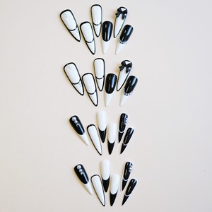 Ongles à presser en acrylique de qualité salon, réutilisables, noirs et blancs bicolores avec nœud 3D et perle pour soirées événementielles, vente en gros - Product Image 4