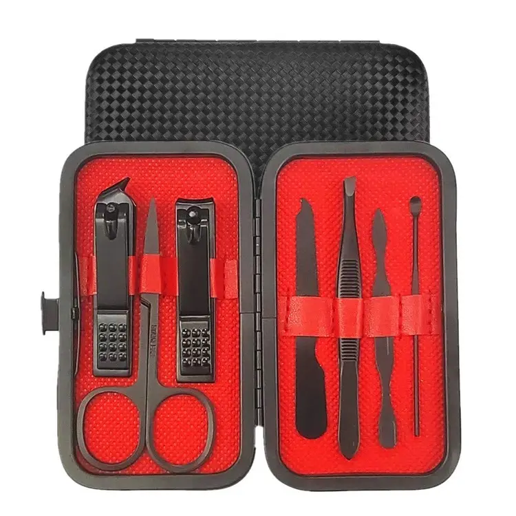 Custom LOGO 7 in 1 black stainless steel Nail Clipper Pedicure Set pedicure Kit with black travel case Manicure set