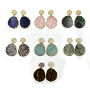 Boucles d'oreilles en forme de tranches de pierres précieuses pour femmes, nouveaux designs à la mode, pendentif en forme d'épidote naturelle, jaspe, quartz rose, cristal, or, clous d'oreilles - Product Image 1