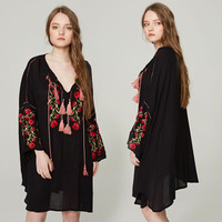 Robe chemise ample en mousseline de soie à col en V, brodée de fleurs, à manches lanternes, taille naturelle, pour femme