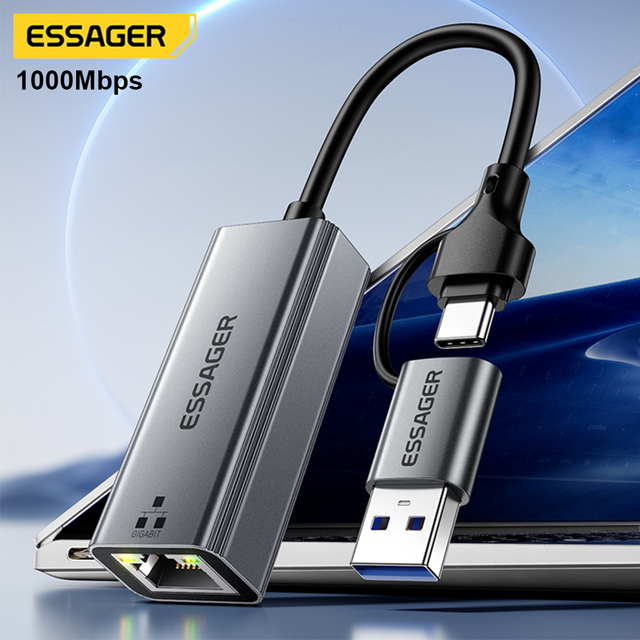 ESSAGER ES-OTG30 1000Mbps Network 2 in 1 Type C Usb to Rj45 Ethernet Adapters & Connectors for Laptop Phone Pc