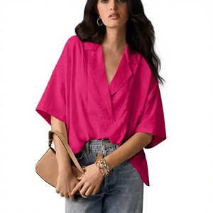 Blusa de Manga Corta con Cuello en V para Mujer, Color Sólido, Corte Holgado, Informal, Estilo Envolvente, Primavera Verano, Camisa de Popelina de Algodón - Product Image 3