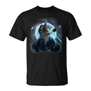 T-shirt imprimé amusant avec chat géant sortant de la forêt et tirant un laser, impression numérique, forme irrégulière, pour activités promotionnelles - Product Image 2