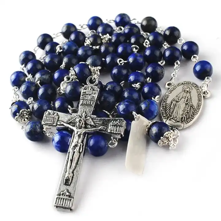 8mm lapislazzuli gemma rosario cattolico con tappi sul nostro padre perline  con medaglia anti-argento maria e crocifisso