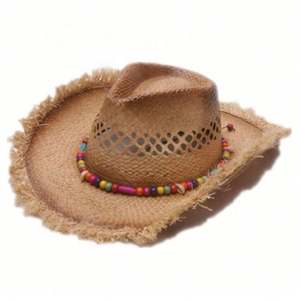 Sombrero de Vaquera de Rafia Vintage de Verano para Niña con Borde Deshilachado - Product Image 1