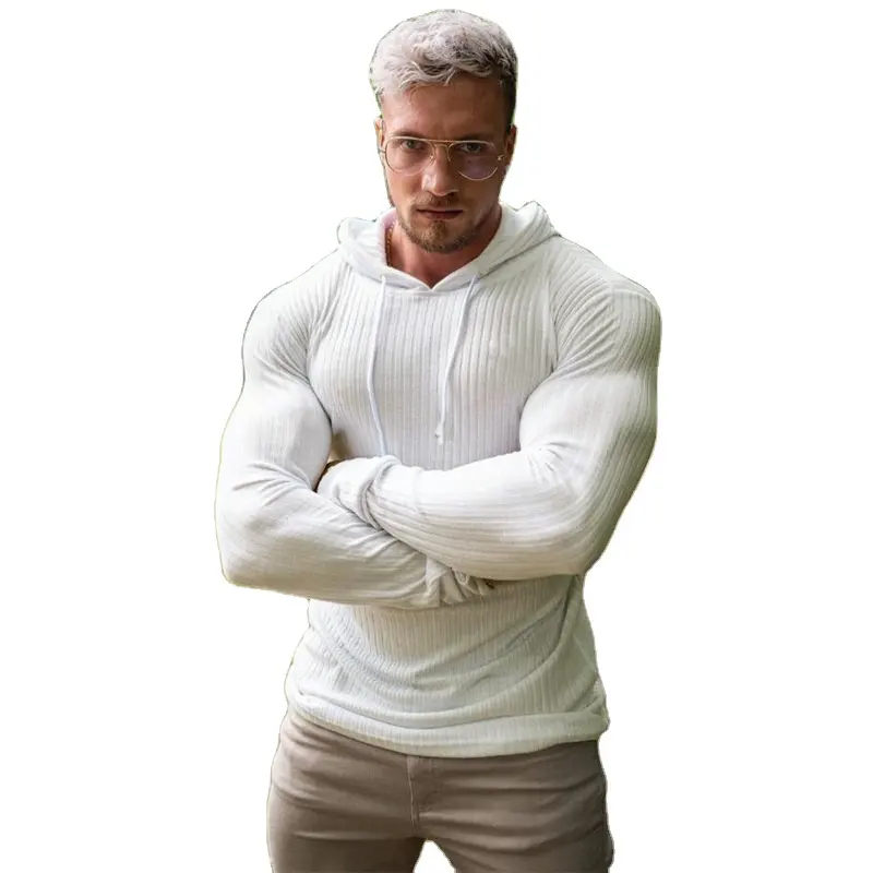 Spring Men Fit Solid Color Pullover Striped Long Raglan Sleeve Sweater For Men Gym Wear Hoodie