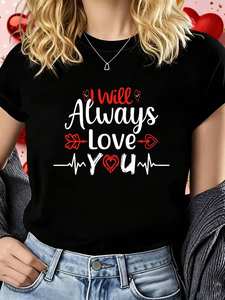 T-shirt da donna con stampa girocollo per San Valentino, decorazione romantica a cuore, stile casual primavera estate - Product Image 3