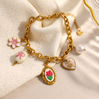 Gelang Baja Anti Karat OZE Cross-Border Berlapis Berlian Desain Bunga Tetesan Minyak Mawar Lapisan Emas Asli Tahan Air DIY Wanita