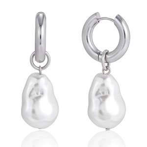 ต่างหูสแตนเลสทรงห่วงประดับมุกบาร็อคทรงไม่สมมาตรสำหรับใส่ทุกวัน - Product Image 5