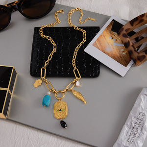 JD Vintage 18K oro Acero inoxidable collar malaquita verde Rhinestone Ojo del diablo cuadrado azul lapislázuli perla colgante collar - Product Image 4