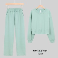Ensemble de sport respirant en maille unie à col rond, comprenant un pull court et un pantalon de survêtement, à manches longues et coupe ample, pour le yoga, pour femme