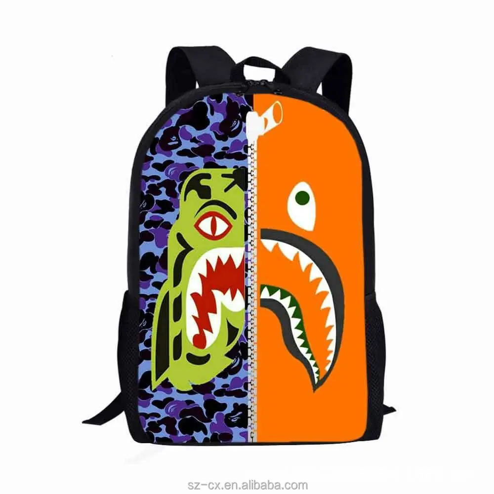 Moda casual tubarão dentes camo bookbag daypack laptop escola saco spray chão mochila para meninos