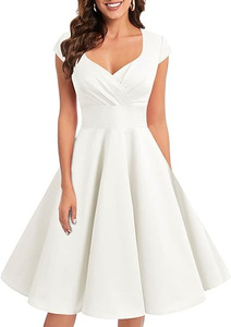 Robe d'été décontractée pour femme, élégante, rétro, plissée, col en V, sans manches, mi-longue, personnalisable - Product Image 3