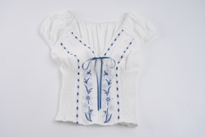 Sweet Girly Digital Printed Breathable Knit Smocked Embroidery Short Sleeve T-<b>Shirt</b> Summer Cute Stitch Shirred Top for Women - Product Image 5