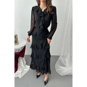 Ensemble de robes de soirée en mousseline de soie noire à volants en gros - Product Image 4