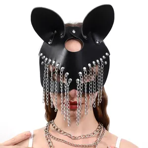 BDSM迷恋奴隶乳胶束缚罩仿皮限制性头饰配件色情性工具妇女黑色eyemask
