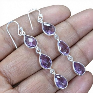 Boucles d'oreilles pendantes classiques chrétiennes en argent 925 avec améthyste en forme de goutte d'eau, design unique et tendance pour femmes, bijoux pour les fêtes et le quotidien - Product Image 1