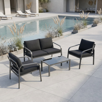 Ensemble de conversation de patio moderne en aluminium gris foncé, 4 pièces, avec table basse en verre trempé, coussins imperméables